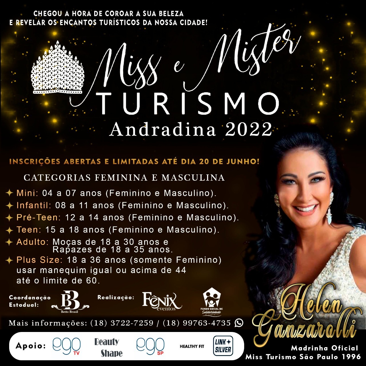 CONCURSO MISS E MISTER TURISMO ANDRADINA E REGIÃO TEM VAGAS LIMITADAS E INSCRIÇÕES ATÉ O DIA 25 DE JUNHO.