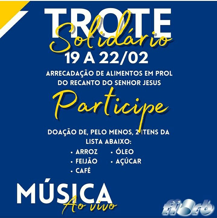 FIRB realiza "Trote Solidário" em prol do Recanto entre os dias 19 e 22 de fevereiro